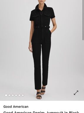 Good American Black Short-Sleeve Denim Jumpsuit with Zip Front